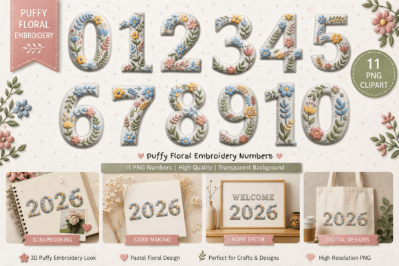 Puffy Floral Embroidery Numbers 0–10